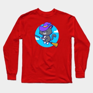 Cute Witch Cat Riding Magic Broom Cartoon Long Sleeve T-Shirt